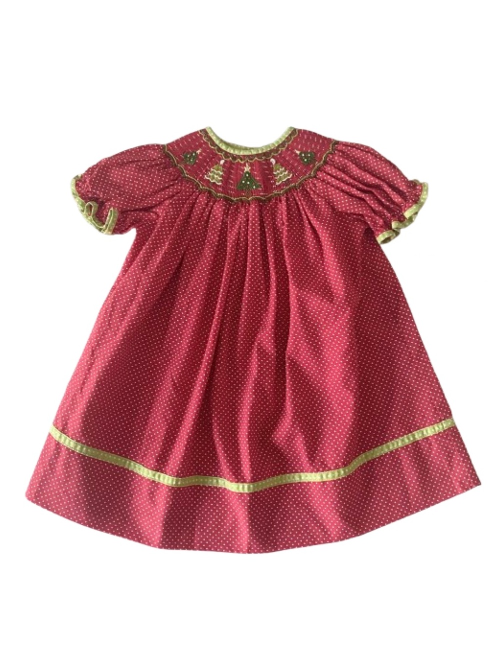 Lulu Bebe Smocked Red Christmas Trees Polka Dot Bishop Dress 12 Months